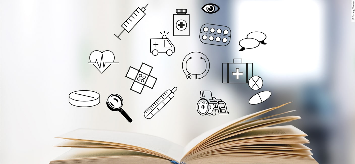 Aufgeschlagenes Buch - darüber schwebende Illustrationen mit Medizinbezug